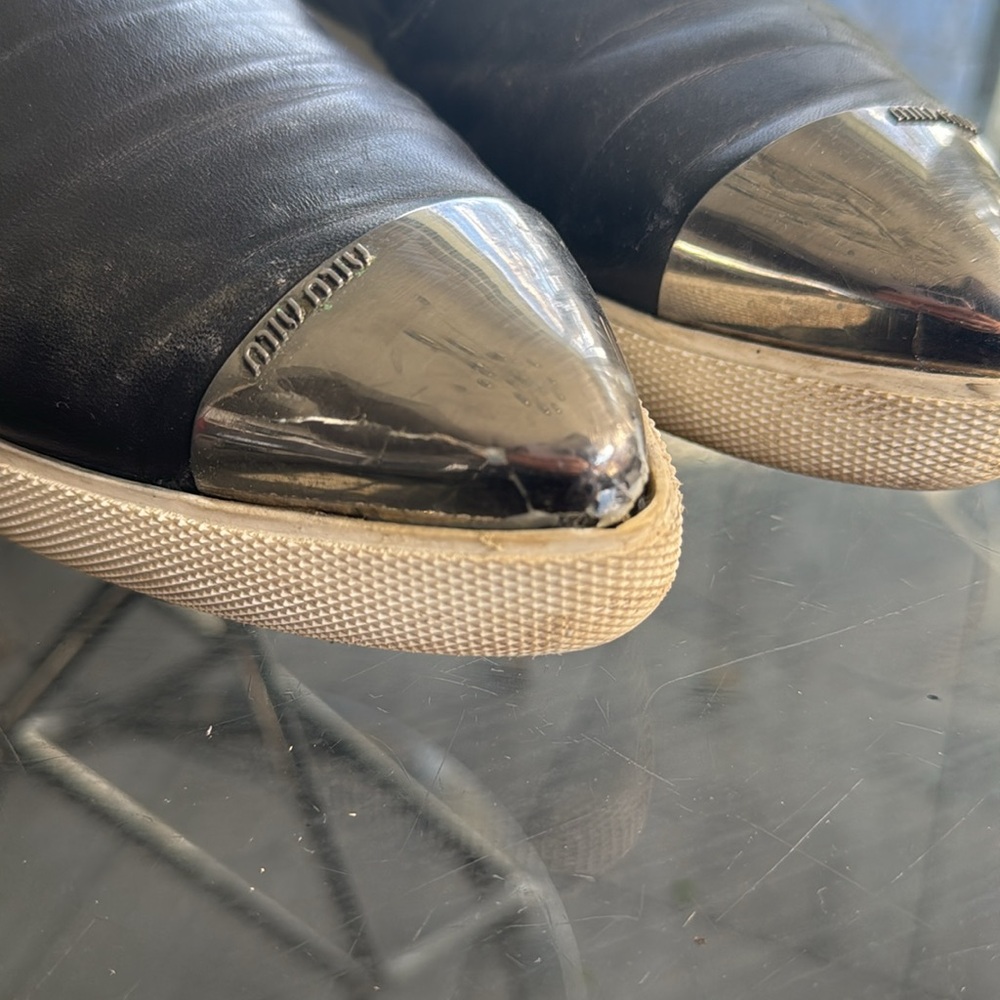 Miu Miu Black Leather Slip-On Sneakers with Silver Cap Toe - Picture 8 of 9